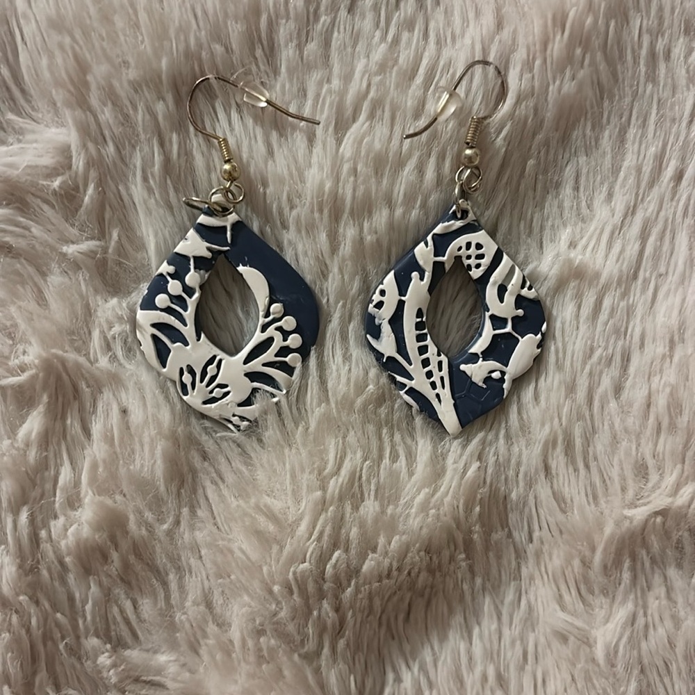 Handmade Navy and White Clay Earrings
